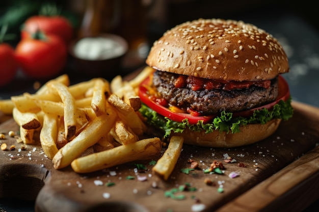 Hambúrguer e batatas fritas na tábua