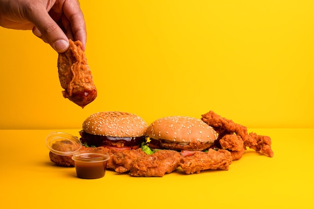 Hambúrguer e hambúrguer de pernas de frango com molho em um fundo amarelo