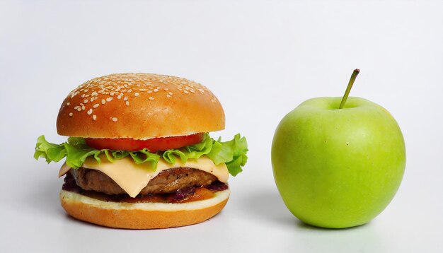 Foto hambúrguer e maçã lado a lado comida rápida ou fruta comida não saudável ou saudável