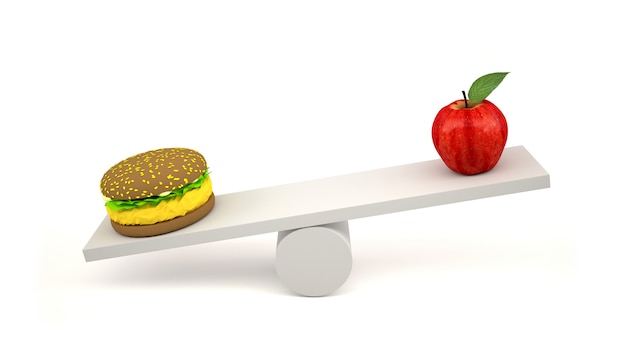 Foto hambúrguer e maçã vermelha em escalas