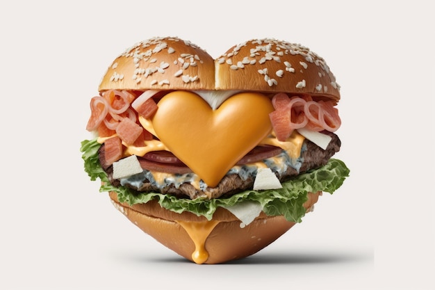 Hambúrguer em forma de coração com queijo cebola e bacon no fundo branco isolado