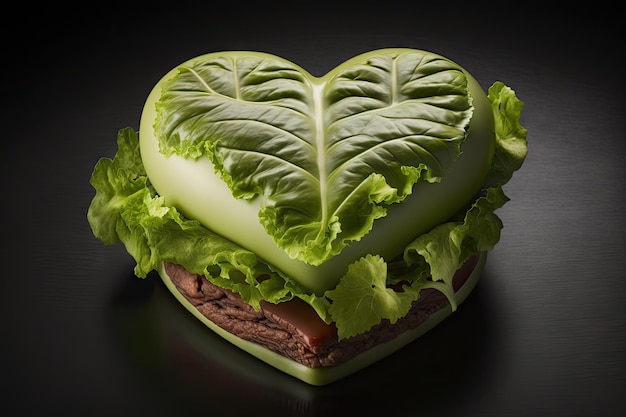 Hambúrguer em forma de coração com várias camadas de folhas de alface