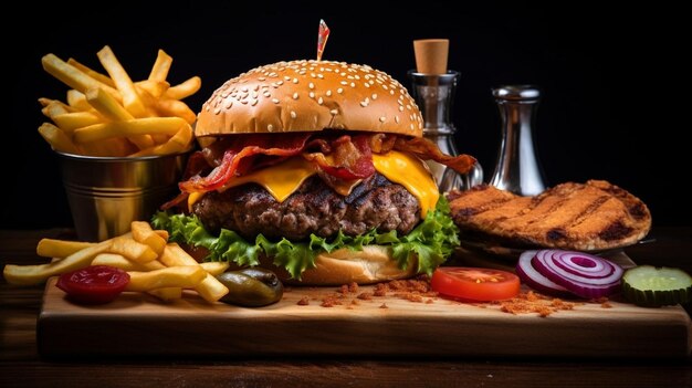 Foto hambúrguer em uma tábua de madeira em um fundo preto com um prato de lado suculento delicioso fast food unhea