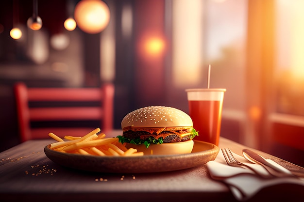 Hambúrguer fantástico com batatas fritas com copo de suco e restaurante desfocado ao fundo