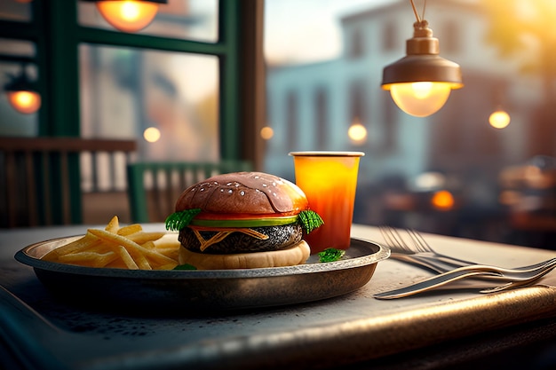 Hambúrguer fantástico com batatas fritas com copo de suco e restaurante desfocado ao fundo