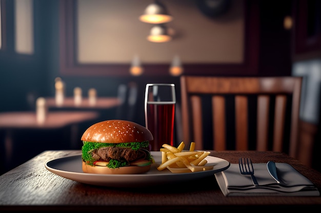 Hambúrguer fantástico com batatas fritas com copo de suco e restaurante desfocado ao fundo