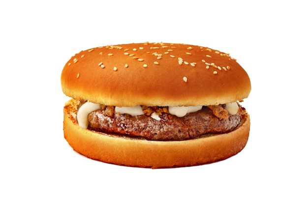 Hambúrguer fresco com hambúrguer de carne isolado no fundo branco