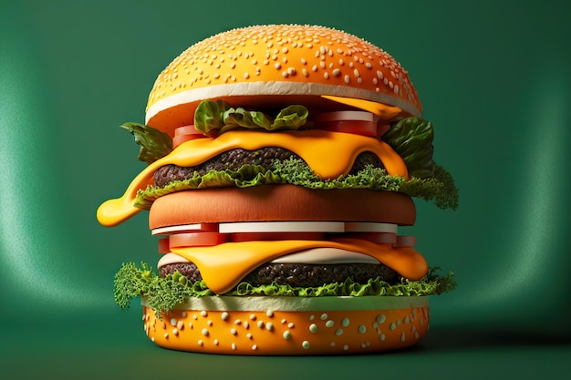 Hambúrguer grande com queijo duplo e porção dupla de costeletas de carne isoladas em fundo verde escuro