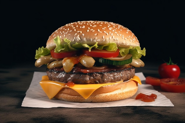 Hambúrguer grande com queijo tomate e alface em um fundo preto