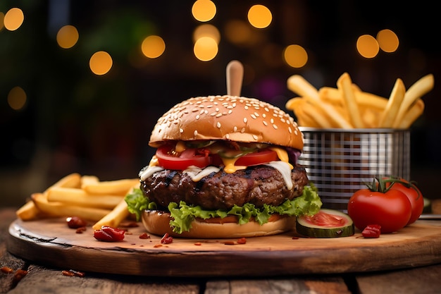 Hambúrguer grelhado com batatas fritas em uma mesa de madeira no fundo desfocado