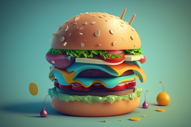 Hamburguer na ilustração 3d dos desenhos animados do fundo azul do fast food AI gerada