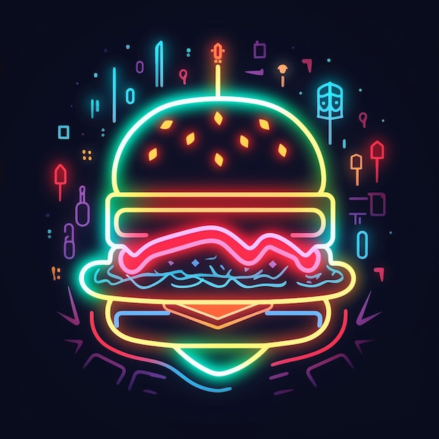 Hambúrguer neon com a foto de um hambúrguer.