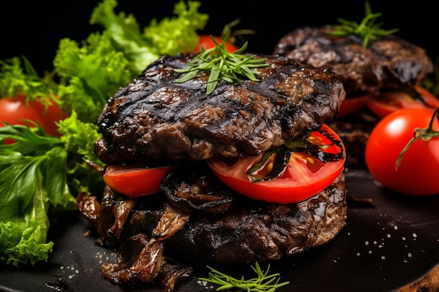 Hambúrguer preto com carne e cogumelos.