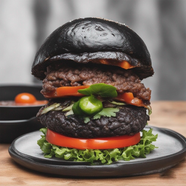 Foto hambúrguer preto com guisados gerados