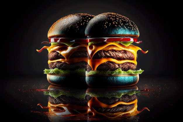 Hambúrguer quente apetitoso em um fundo escuro Generative AI