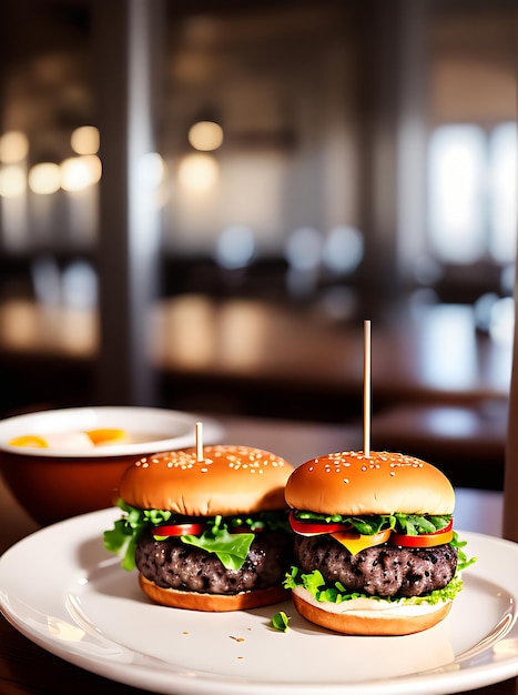 Hambúrguer realista, iluminação quente, ambiente aconchegante, restaurante