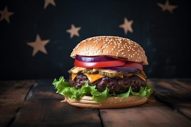 Hambúrguer saboroso com bandeira dos EUA em mesa de madeira Comida tradicional americana Close Up IA generativa