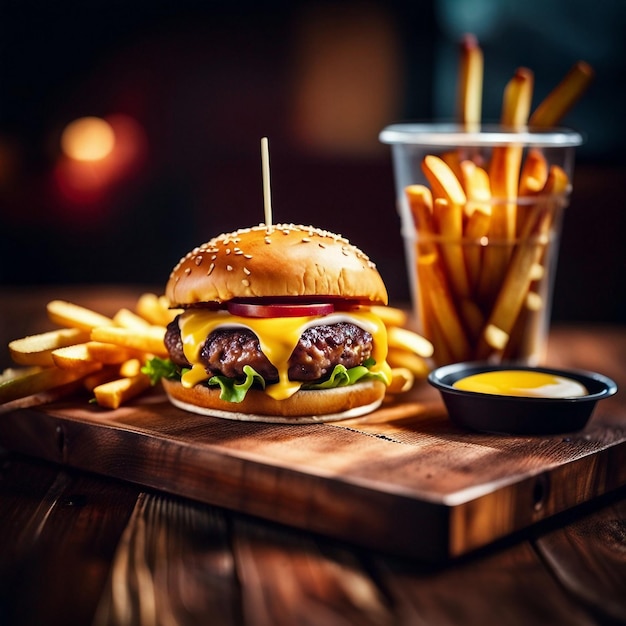 Hambúrguer saboroso com batatas fritas servidas em mesa de madeira Fast food