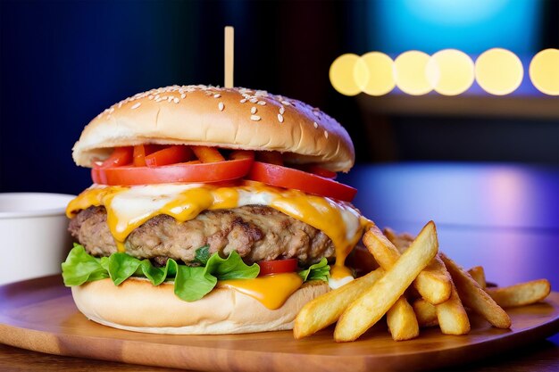 Hambúrguer saboroso e batatas fritas na mesa luzes borrosas de fundo geradas por IA