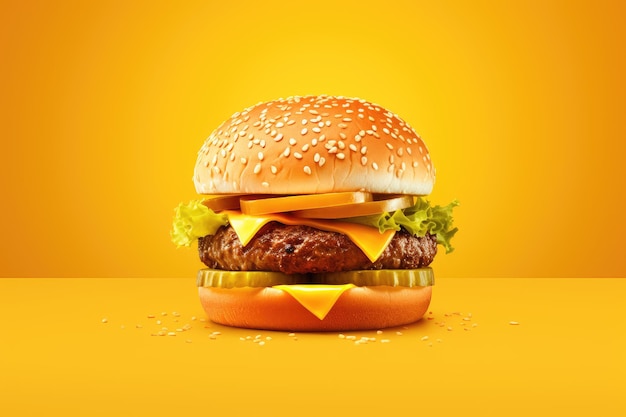 Hambúrguer saboroso em um mínimo de fundo vermelho e amarelo AI Generative