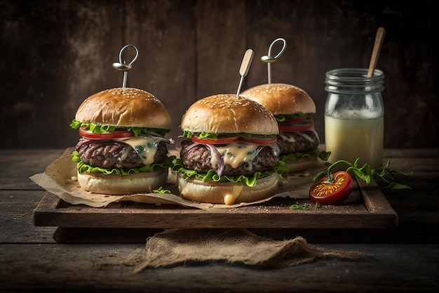 Hambúrguer suculento com carne e saladaComida de rua IA generativa