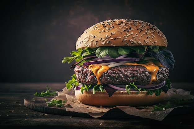 Hambúrguer suculento com carne e saladaComida de rua IA generativa