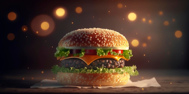 Hambúrguer suculento com ilustração de fast food deliciosa de fundo Bokeh