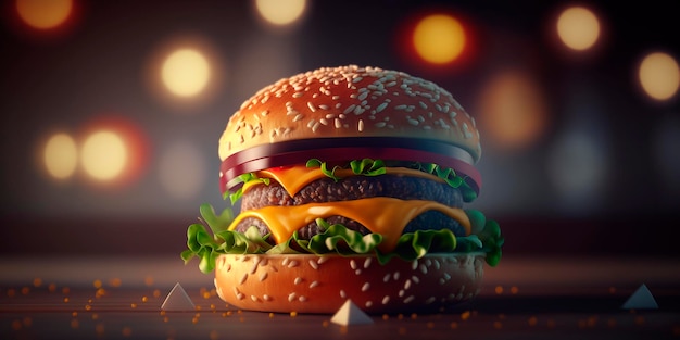 Hambúrguer suculento com ilustração de fast food deliciosa de fundo Bokeh