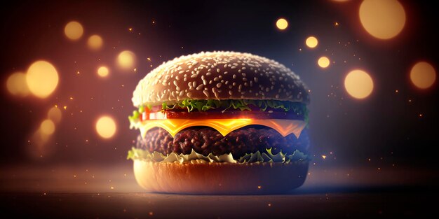 Hambúrguer suculento com ilustração de fast food deliciosa de fundo Bokeh