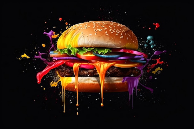 Hambúrguer suculento ilustrado em um fundo escuro com salpicos multicoloridos de tinta Generative AI