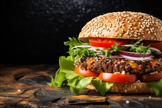 Hambúrguer tradicional americano de fast food em placa de ardósia com espaço de cópia de bandeira de faca