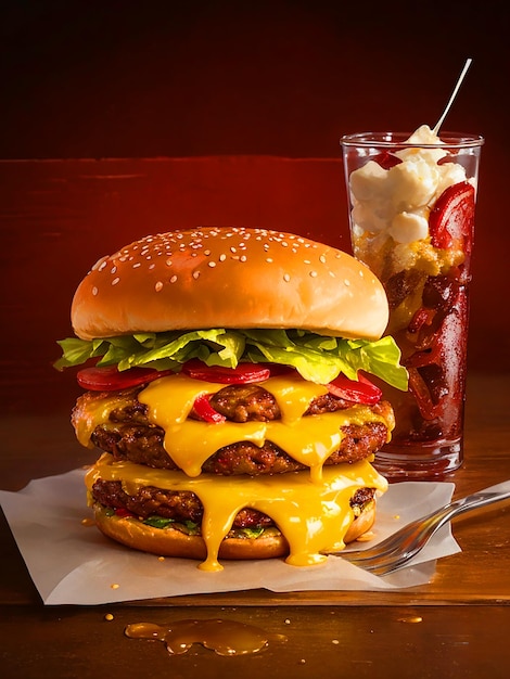 Hambúrguer triplo com bacon e queijo amarelo. Só um copo de Coca-Cola.
