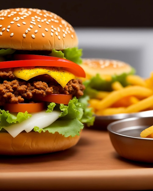 Hambúrguer vegano feito com carne fake, tomate, molho barbecue, queijo vegano, rúcula e cebola frita.