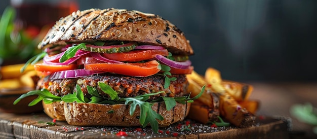 Hambúrguer vegano fresco com alface, tomate e cebola.