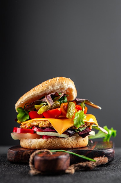 hambúrguer vegetariano costeleta carne vegetal, tomate, pepino, alface refeição saudável comida lanche na mesa