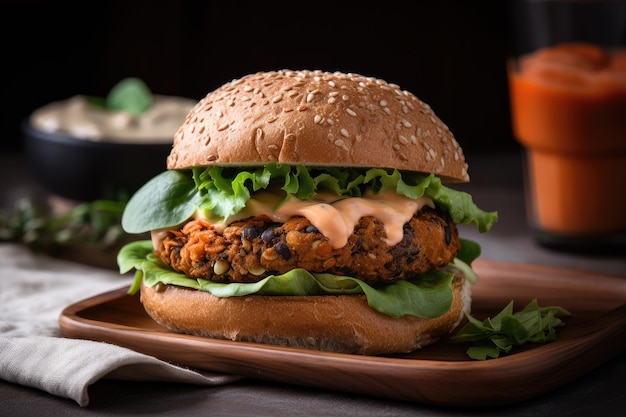 Hambúrguer vegetariano em pão integral com alface, tomate e molho de macadâmia