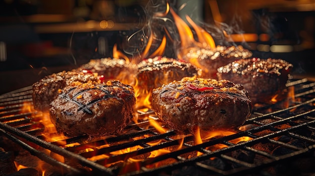 Hambúrgueres à grelha com carne de vaca ou de porco com chamas ardentes ao fundo