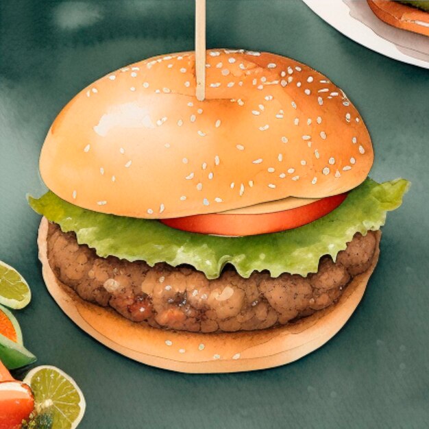 hambúrgueres closeup fast food desenho em aquarela