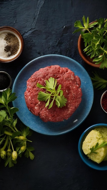 Foto hambúrgueres de carne crua com ervas e especiarias