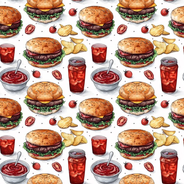 Hambúrgueres de estilo vetorial de fast food com padrão sem costura