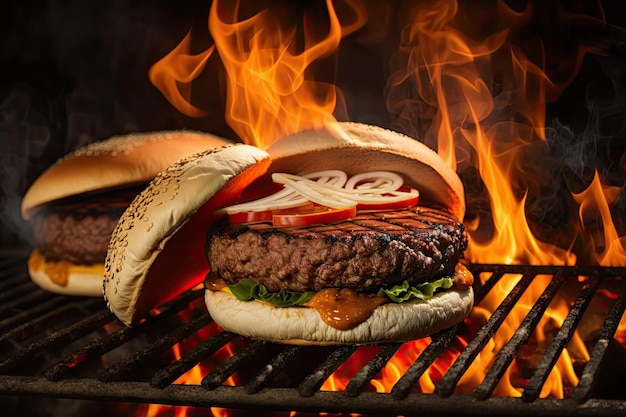 Hambúrgueres de fast-food cozidos em fogo aberto grelhando grelha de quintal