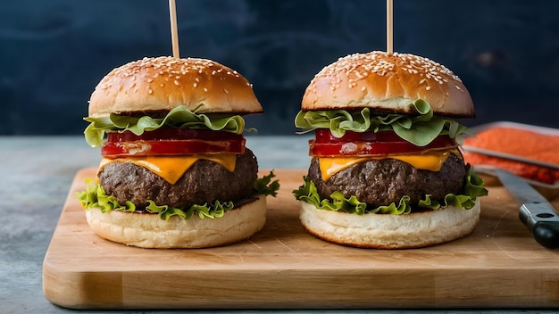 Foto hambúrgueres de frente numa tábua de cortar