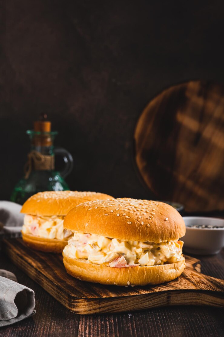 Foto hambúrgueres saudáveis com queijo de tomate de ovo e salada de alho em uma tábua em uma vista vertical da mesa