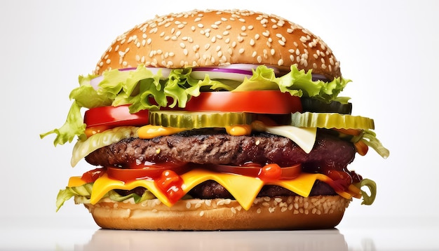 hamburguesa con aderezos lechuga y tomates aislados en un fondo blanco