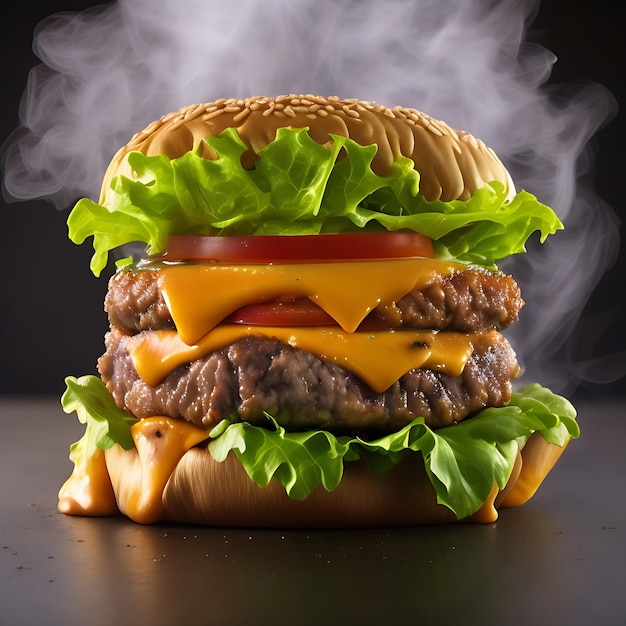 una hamburguesa de ajedrez en llamas con un fondo negro puro creado con tecnología generativa de inteligencia artificial