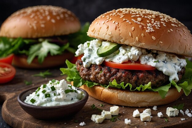 Foto hamburguesa al estilo griego con queso feta y tzatziki