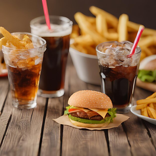 Foto una hamburguesa y algunas bebidas en una mesa de madera con una bebida y una hamburguese