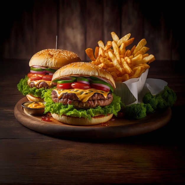 Hamburguesa de alto ángulo con papas fritas en la mesa