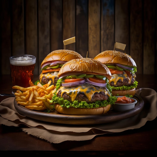 Hamburguesa de alto ángulo con papas fritas en la mesa