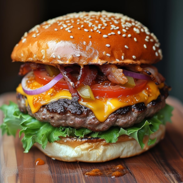 hamburguesa americana sabrosa con fondo de madera